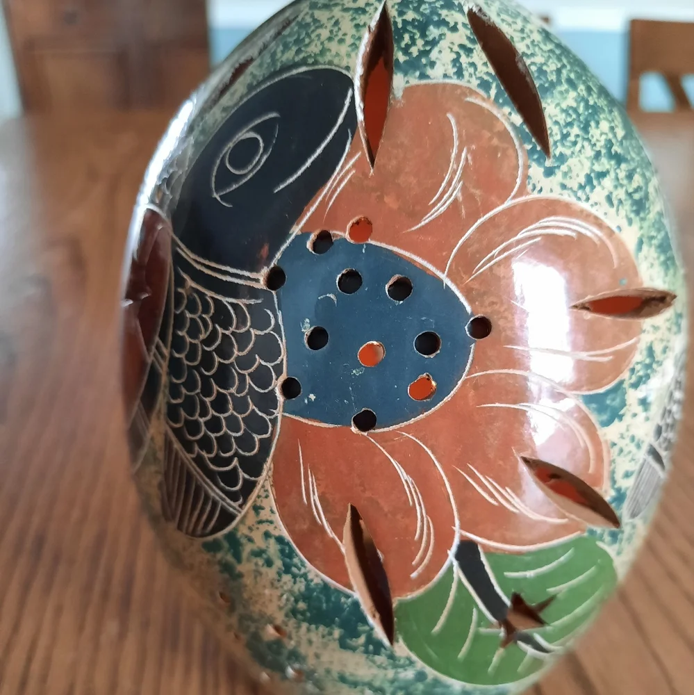 Pottery pierced candle holder turtle tribal folk art glazed terra cotta